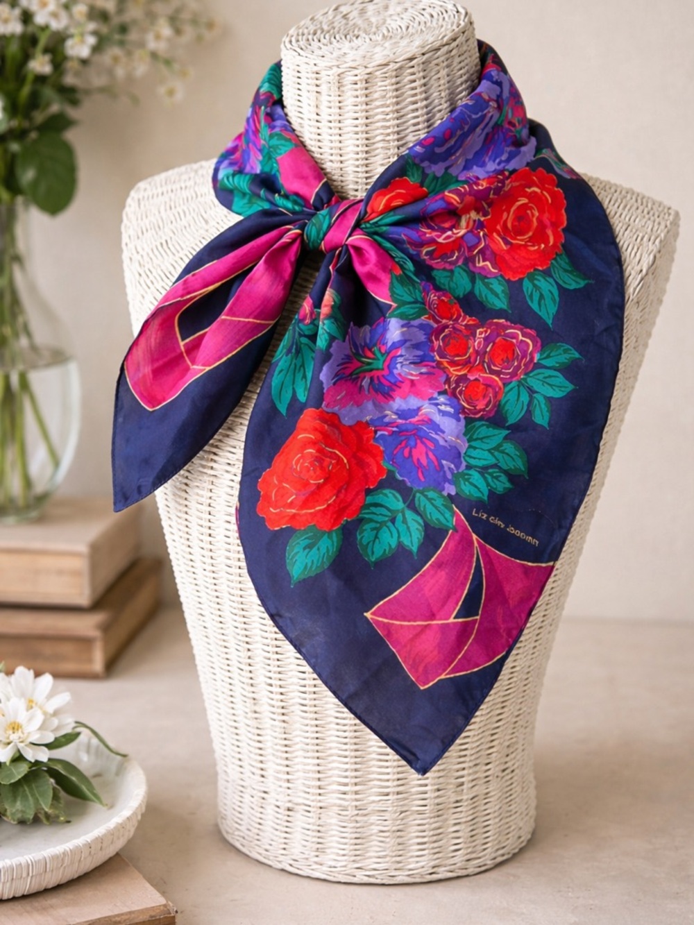 Liz Claiborne Navy Floral Silk Scarf with Red & Pink Roses